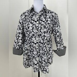 CHAPS Shirt Floral No Iron Button Front 3/4 Sleeve Striped Contrast Cuff Office